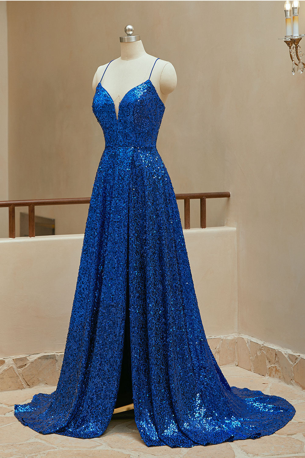 Luolandi A Line Spaghetti Straps Sequin Prom Dresses With Slit Sparkly Evening Dresses