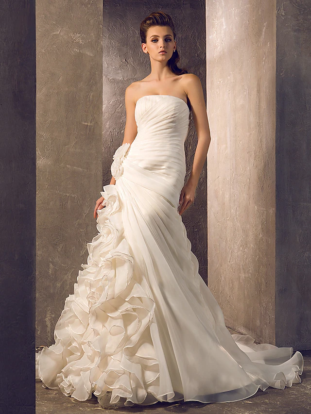 Luolandi Wedding Dresses Strapless Court Train Organza Sleeveless with Flower Cascading Ruffle
