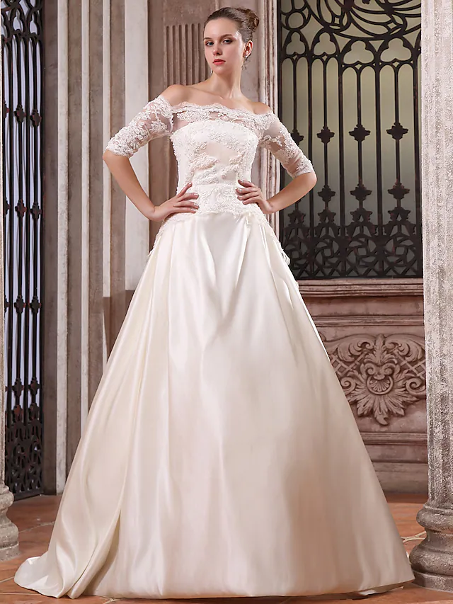 Luolandi Ball Gown Wedding Dresses Scalloped-Edge Off Shoulder Court Train Satin Half