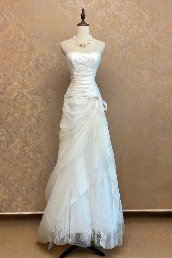 Luolandi Chic Strapless A-Line Ruched Sleeveless Lace Up Back Wedding Dress Elegant Long Formal Prom Dress