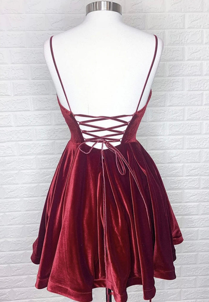 Luolandi Burgundy V-Neck Velvet Short Prom Dresses A-Line Party Dresses Homecoming Dress