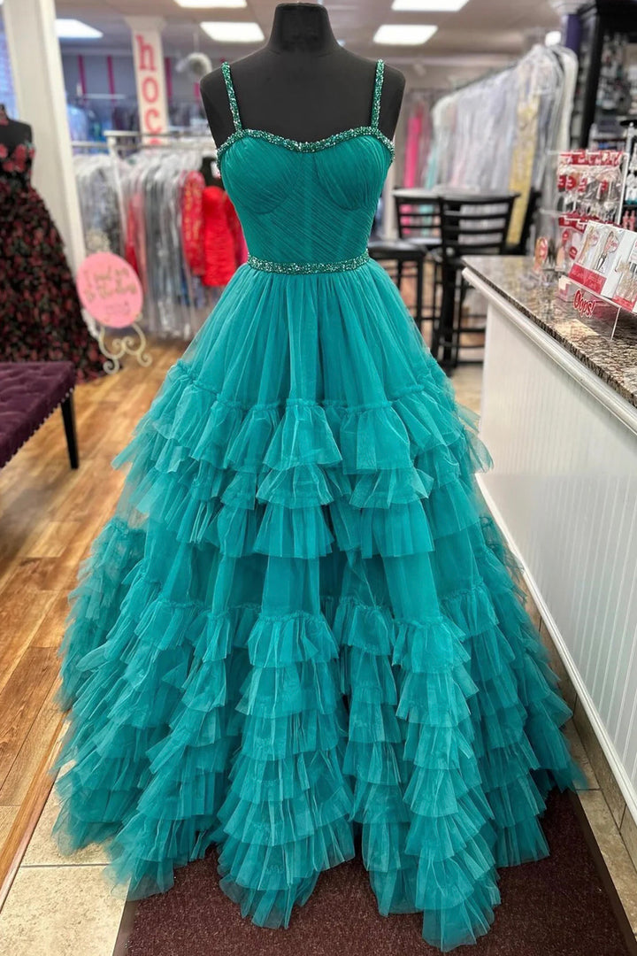 Luolandi A-Line Tiered Ruffle Sweetheart Beaded Long Prom Dress Turquoise Evening Party Dress Sexy