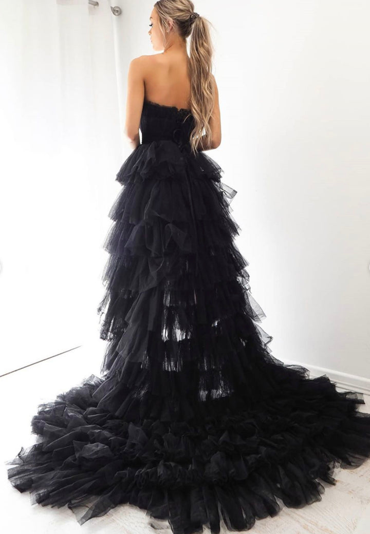 Luolandi Black A-Line Tulle High Low Prom Dresses Strapless Evening Dress Sexy