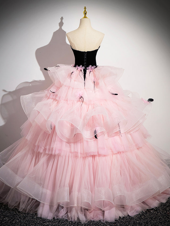 Luolandi Tulle and Black Velvet Strapless Party Gown Pink Backless Ruffles Formal Evening Dress