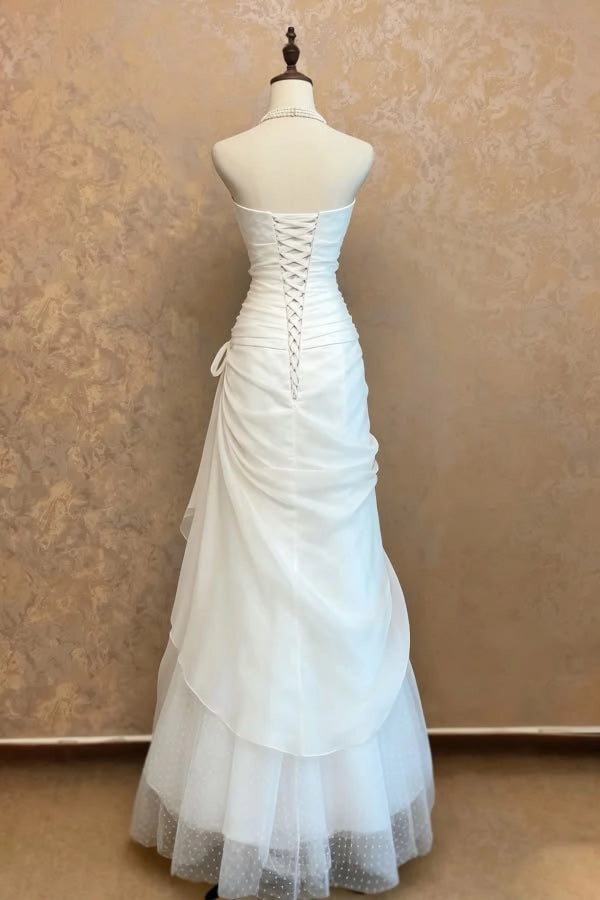 Luolandi Chic Strapless A-Line Ruched Sleeveless Lace Up Back Wedding Dress Elegant Long Formal Prom Dress