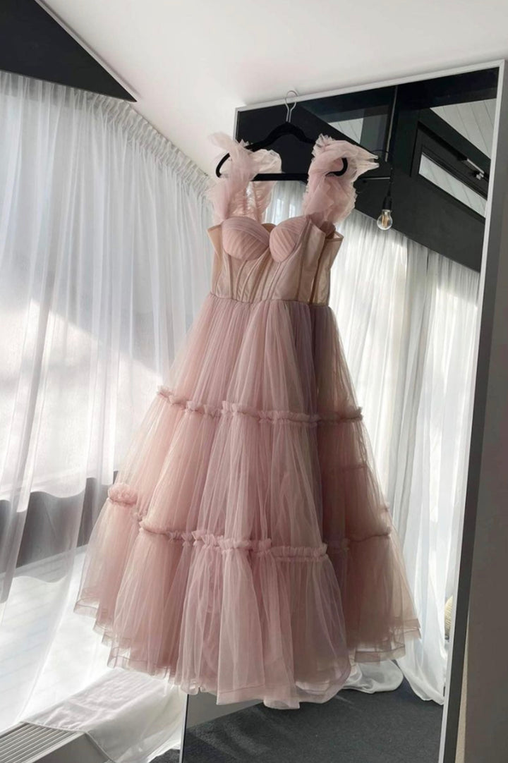 Luolandi Pink Tulle Short Prom Dresses A-Line Pink Evening Party Dresses Sexy