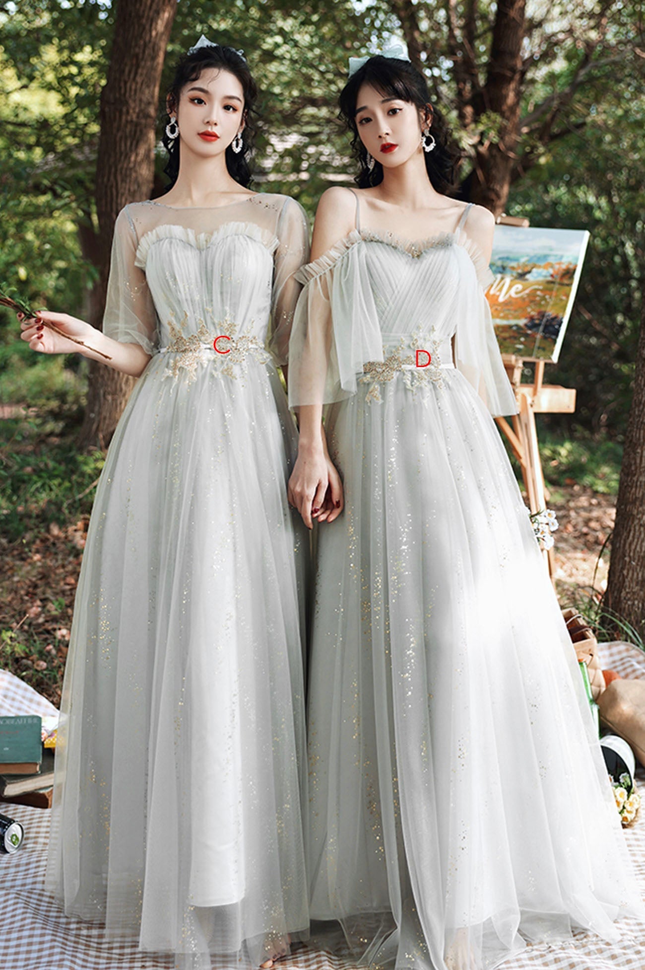Luolandi Gray Tulle Lace Long A-Line Prom Dresses Tulle Bridesmaid Dresses Beautiful