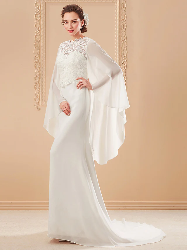 Luolandi Wedding Dresses V Neck Court Train Chiffon Long Sleeve with Beading Pure Color