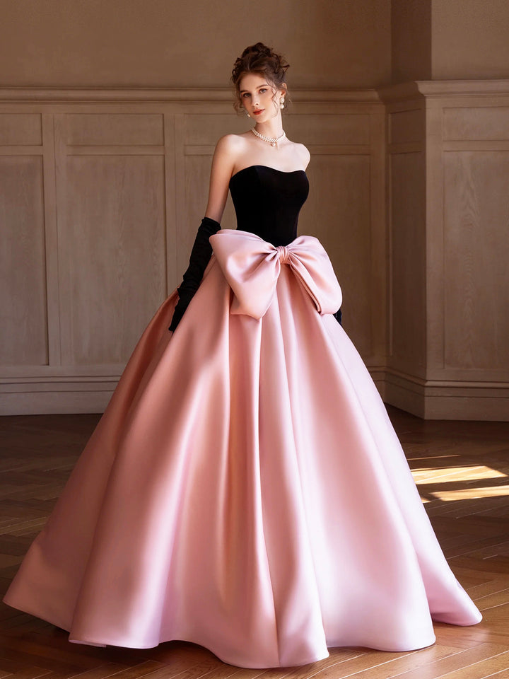 Luolandi Black Velvet and Satin Long Prom Dress Beautiful A-Line Strapless Party Dress wit Bow Without gloves