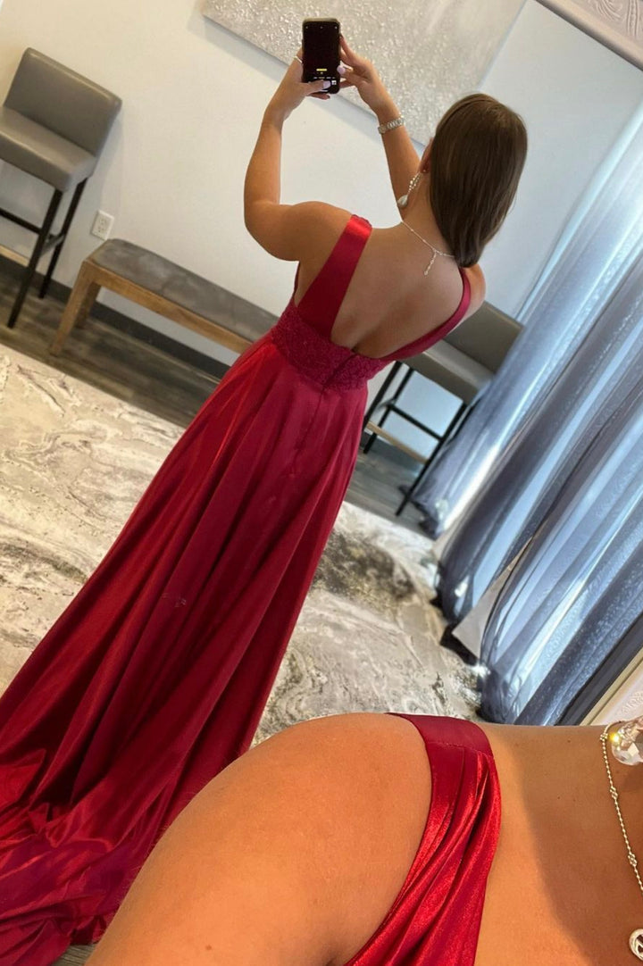 Luolandi Burgundy V-Neck Satin Long Prom Dress Simple A-Line Evening Dress Sexy