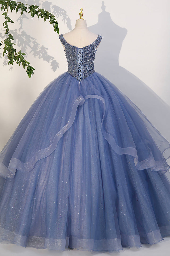 Luolandi Blue Beaded Tulle Long A-Line Prom Dress Blue Formal Evening Dress Sparkly