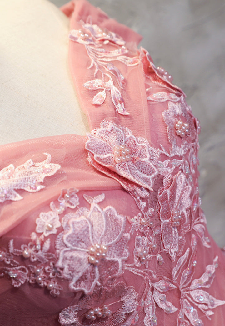 Luolandi Pink Lace Long Prom Dresses A-Line Off the Shoulder Evening Dresses Floor Length