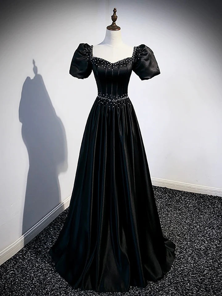 Luolandi Black Satin Beaded Floor Length Prom Dress Black A-Line Short Sleeve Evening Dress Sexy