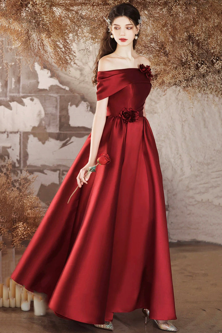 Luolandi Burgundy Satin Long Prom Dress Beautiful Off the Shoulder A-Line Evening Party Dress With Flowers