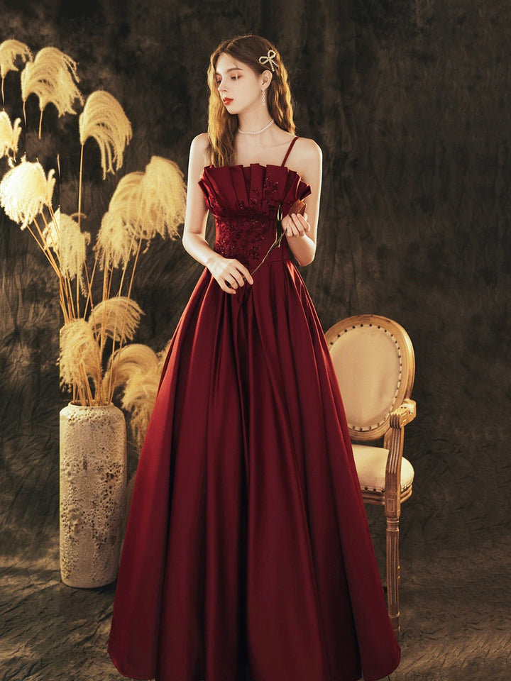 Luolandi Burgundy Satin Beaded Long Prom Dress Beautiful A-Line Evening Party Dress Sexy