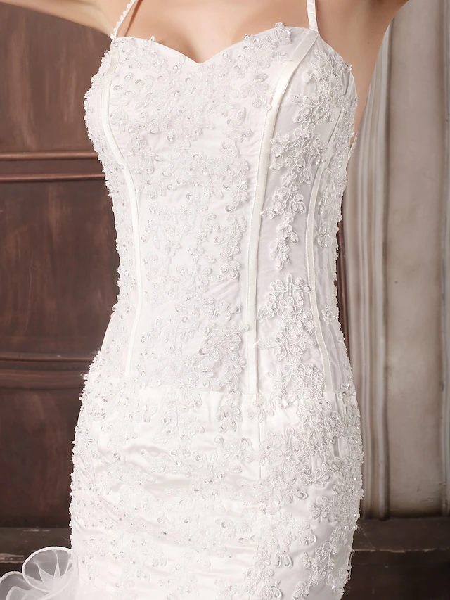 Luolandi Wedding Dresses Sweetheart Neckline Court Train Lace Organza Satin Spaghetti Strap Sexy Illusion Detail Backless with Beading Appliques