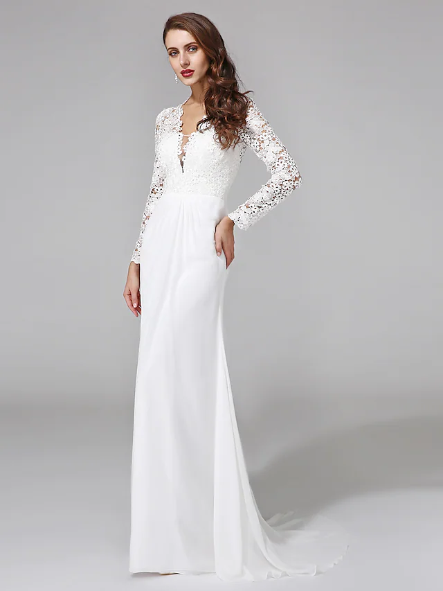 Luolandi Wedding Dresses V NeckChiffon Floral Lace Long Sleeve Romantic Boho Illusion Sleeve with Lace