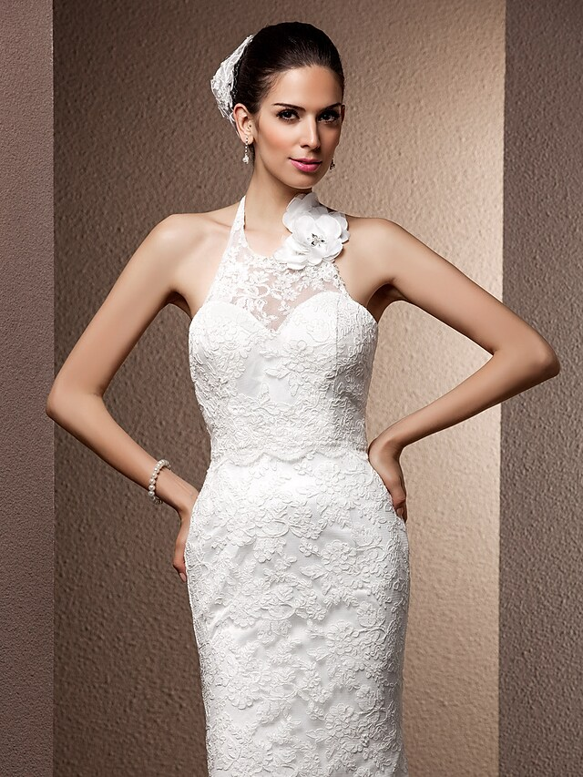 Luolandi Wedding Dresses Halter Neck Lace Regular Straps Open Back with Beading Flower