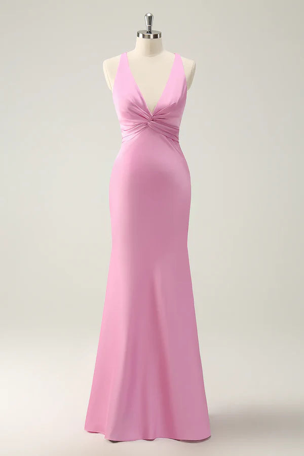 Luolandi Pink Mermaid V Neck Satin Long Bridesmaid Dress Evening Dress Solid Color