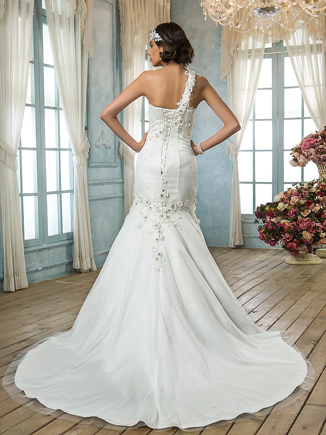 Luolandi Wedding Dresses One Shoulder Court Train Tulle Sleeveless with Beading Appliques