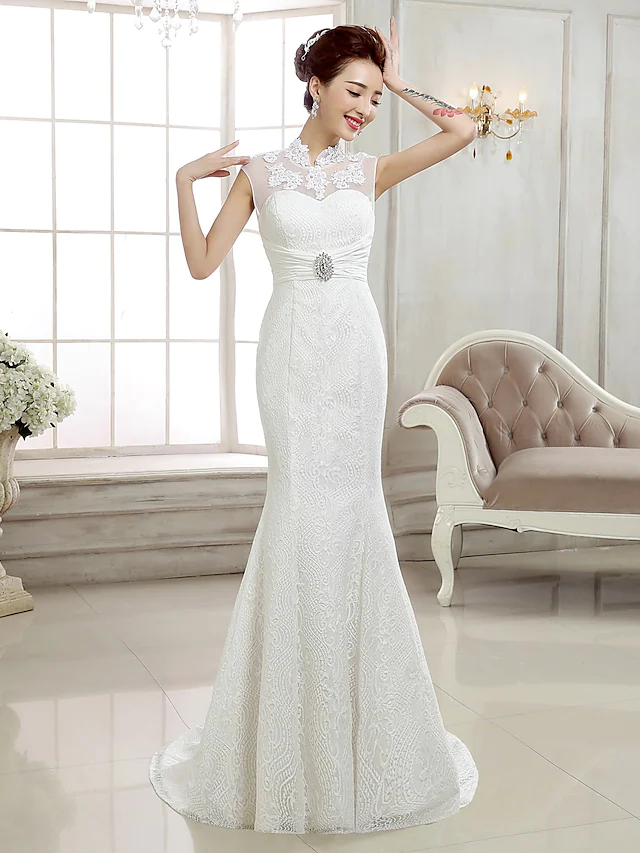 Luolandi Wedding Dresses High Neck Lace Cap Sleeve Sexy Illusion Detail Backless with Beading