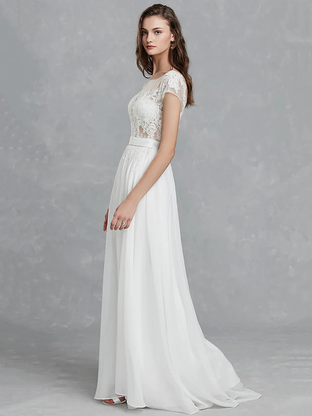 Luolandi Long Wedding Dresses Bateau Neck Satin Long Sleeve Mordern Backless with Buttons