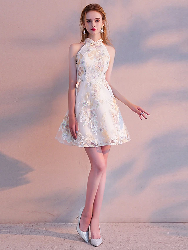 Luolandi Two Piece A-Line Vintage Floral Party Wear Cocktail Party Dress High Neck Long Sleeve Short Mini Tulle with Sash Ribbon