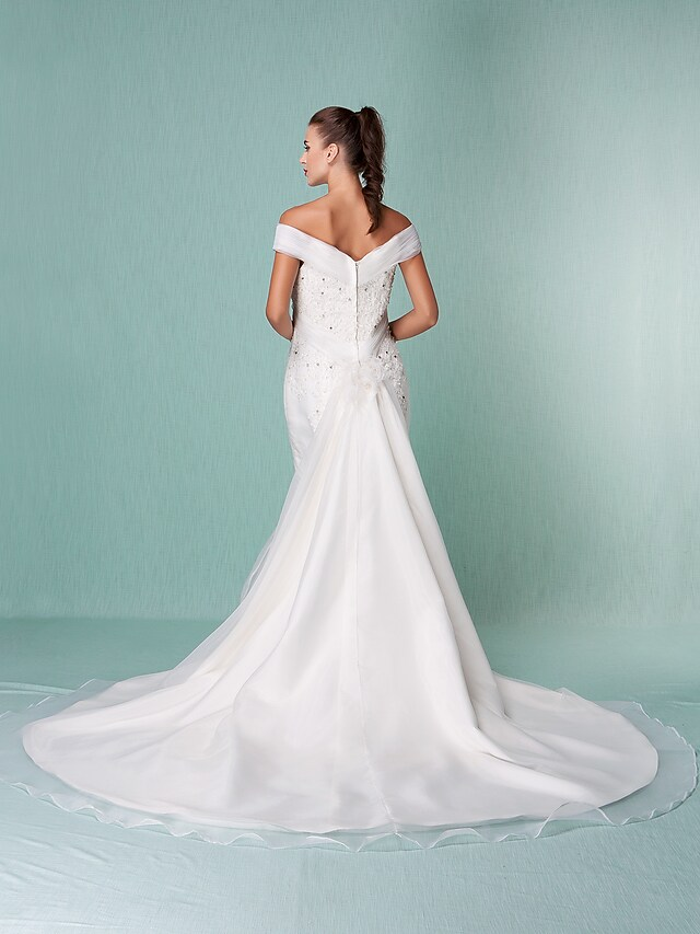 Luolandi Wedding Dresses Off Shoulder Chapel Train Organza Short Sleeve with Beading Appliques Crystal
