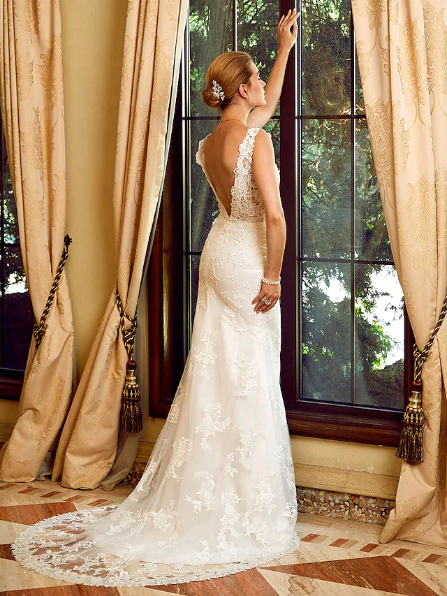 Luolandi Wedding Dresses V Neck Chapel Train Lace Tulle Regular Straps See-Through