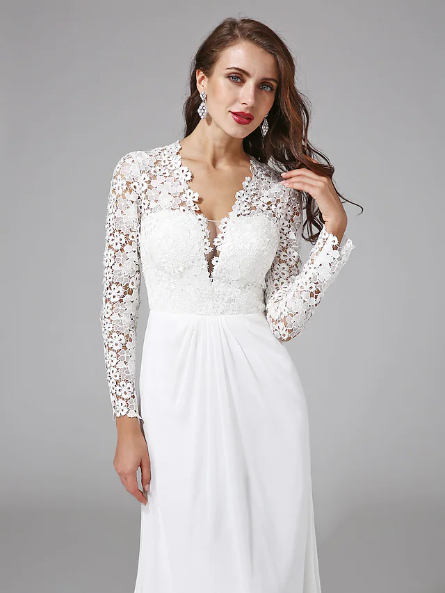 Luolandi Wedding Dresses V NeckChiffon Floral Lace Long Sleeve Romantic Boho Illusion Sleeve with Lace