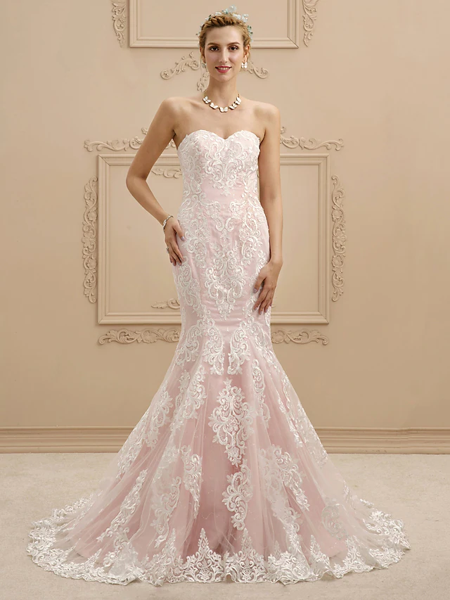 Luolandi Wedding Dresses Sweetheart Neckline Court Train Lace Strapless Sexy Illusion Detail