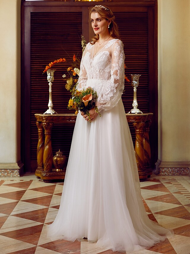 Luolandi A-Line Wedding Dresses V Neck Lace Tulle Long Sleeve See-Through Pure Color