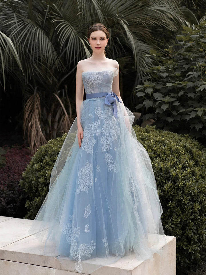 Luolandi Grey-Blue Strapless Lace Long Prom Dress A-Line Tulle Evening Party Dress Off Shoulder