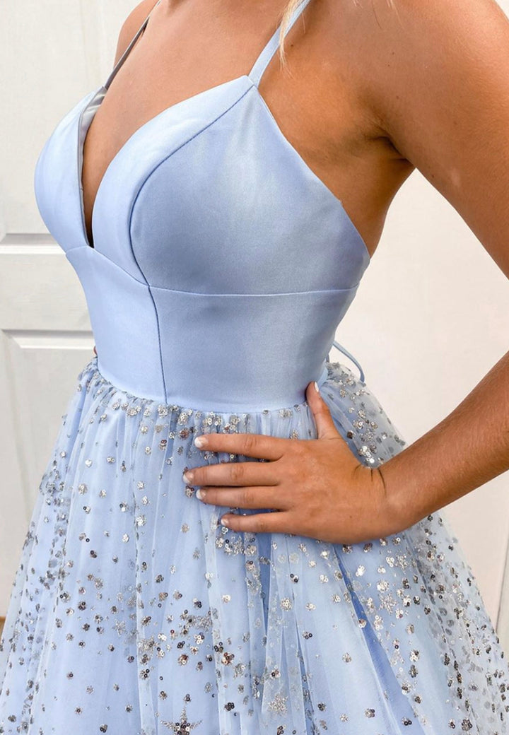 Luolandi Blue V-Neck Tulle Long Prom Dresses A-Line Evening Dresses Sparkly