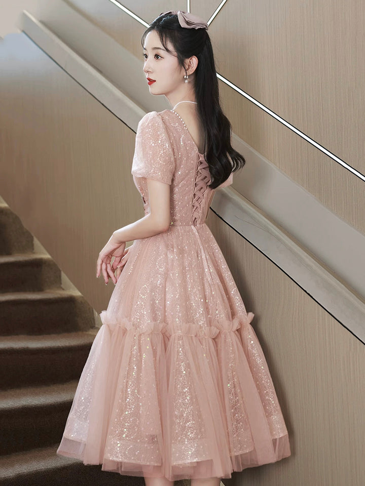 Luolandi Pink Tulle Sweetheart Short Prom Dress Short Sleeve Party Dress Formal Dress