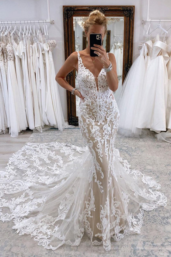 Luolandi Elegant Mermaid V Neck Tulle Lace Wedding Dresses with Train Beautiful Bridal Gown