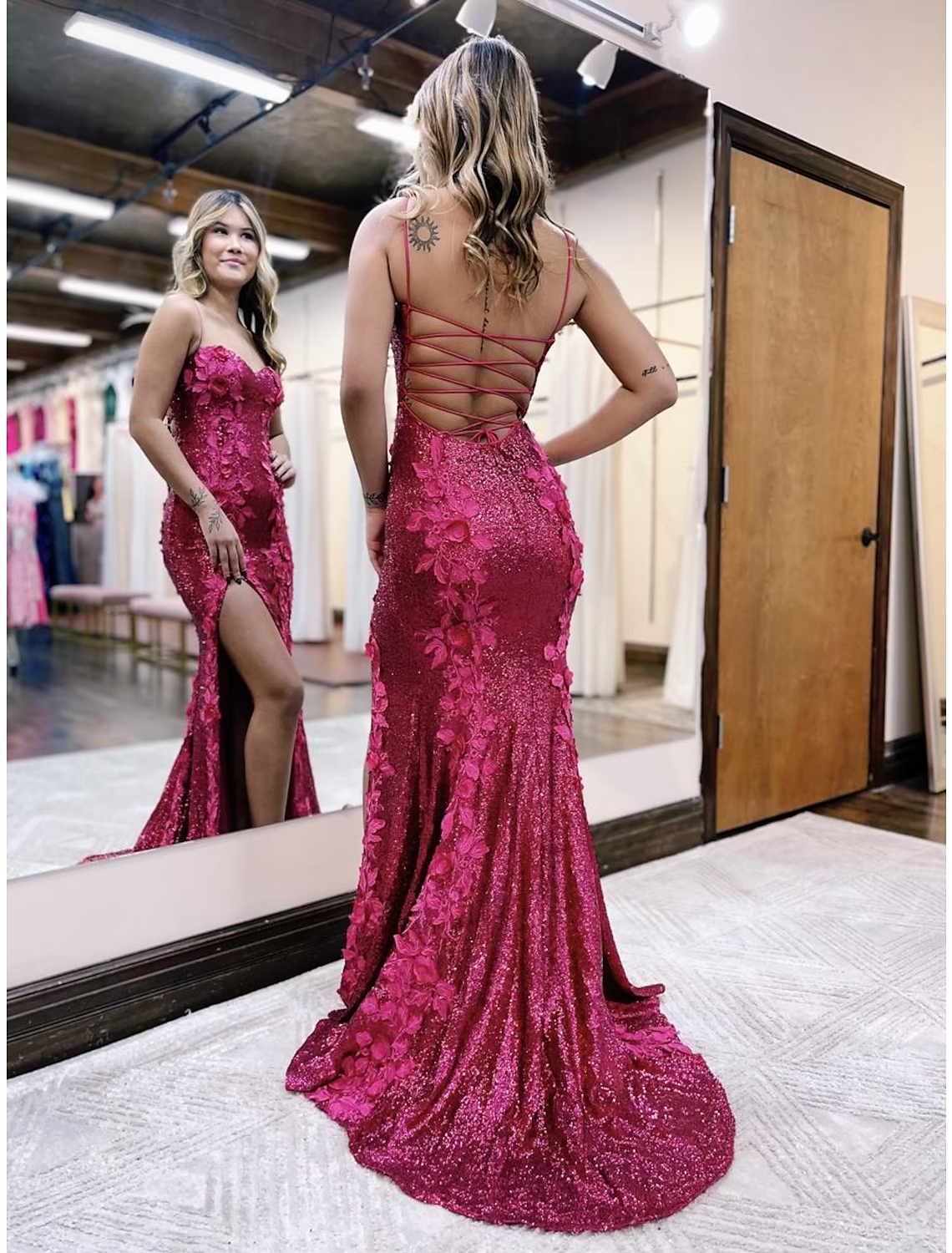 Mermaid / Trumpet Long Evening Gown Sexy Dress Formal Sweep / Brush Train Sleeveless Spaghetti Strap Sequined Backless with Sequin Appliques