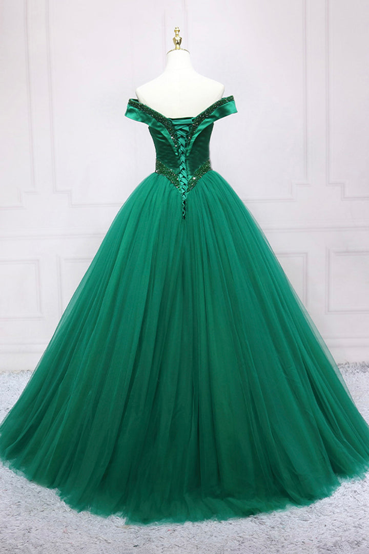 Luolandi Green Tulle Long A-Line Ball Gown Off the Shoulder Evening Dress Sexy