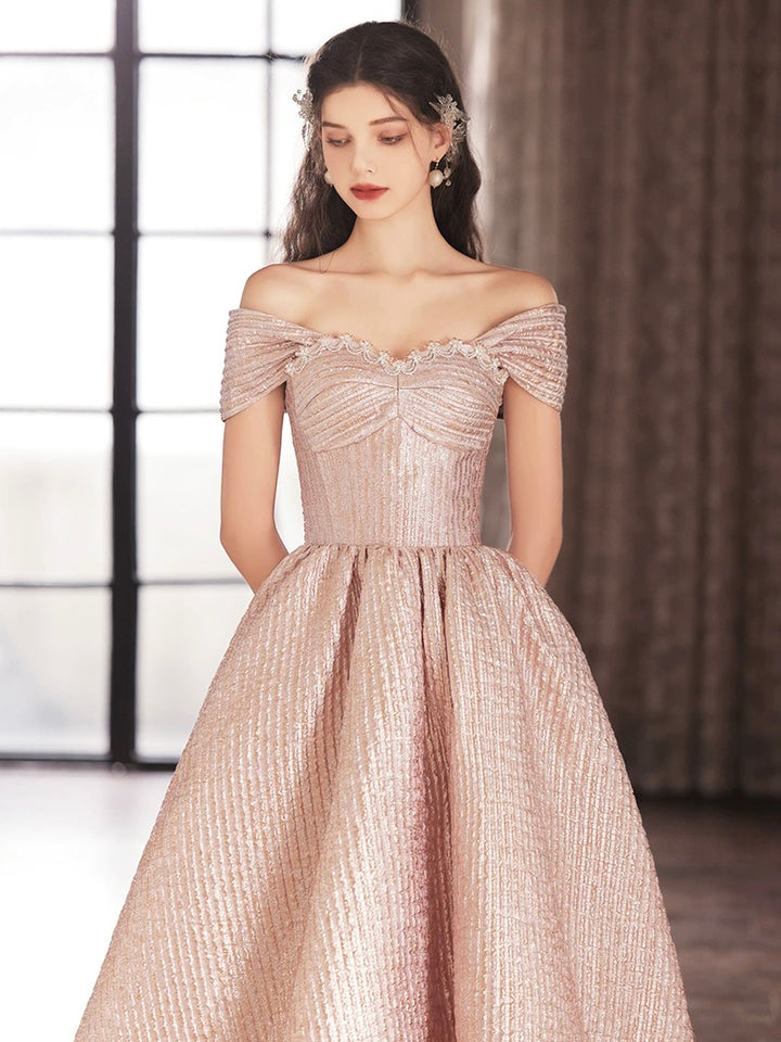 Luolandi Cute Satin Tea Length Prom Dress Off the Shoulder Pink A-Line Party Dress Beautiful