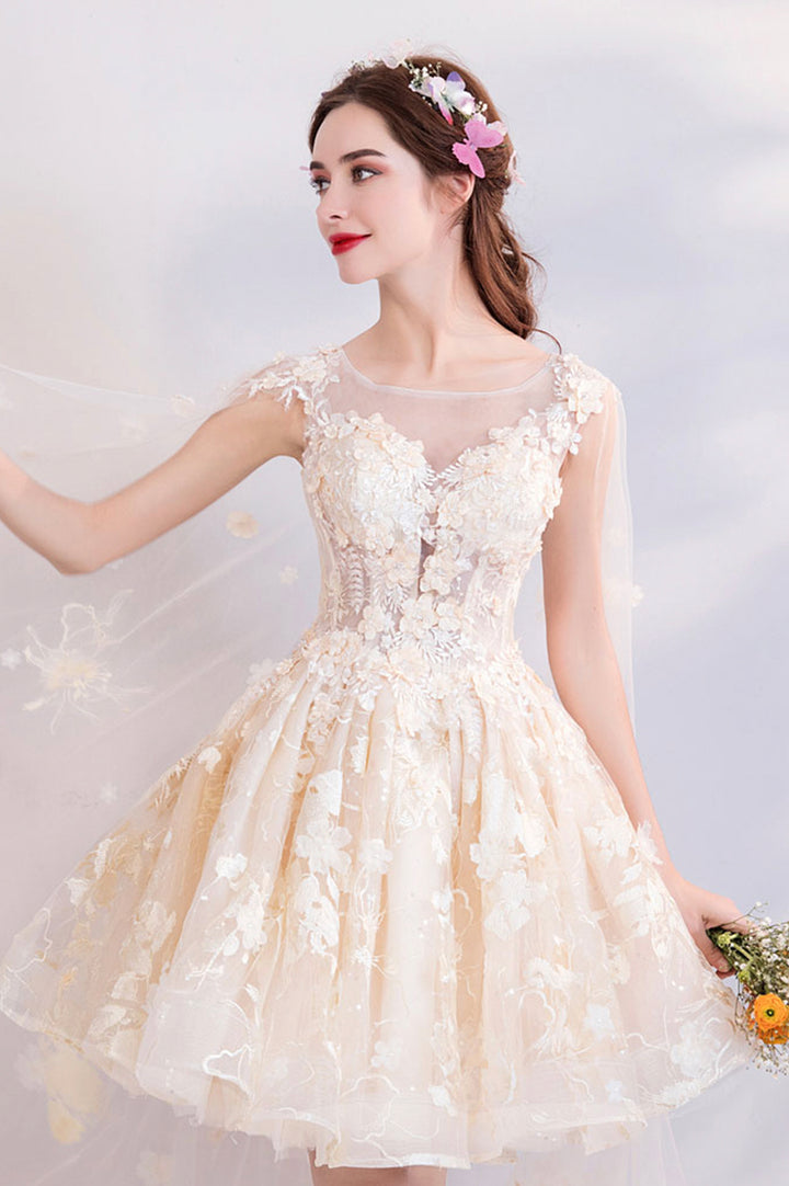 Luolandi Charming Tulle Lace Short Prom Dresses A-Line Lace Party Dresses With Flowers