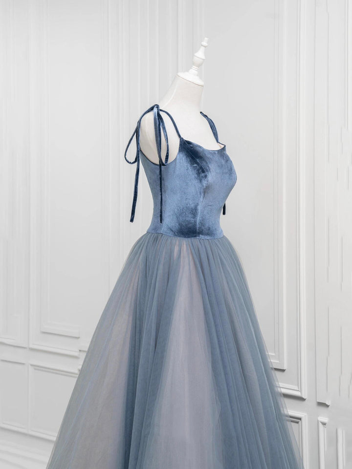 Luolandi A-Line Velvet Tulle Long Prom Dress Gray Blue Spaghetti Strap Evening Party Dress Floor Length