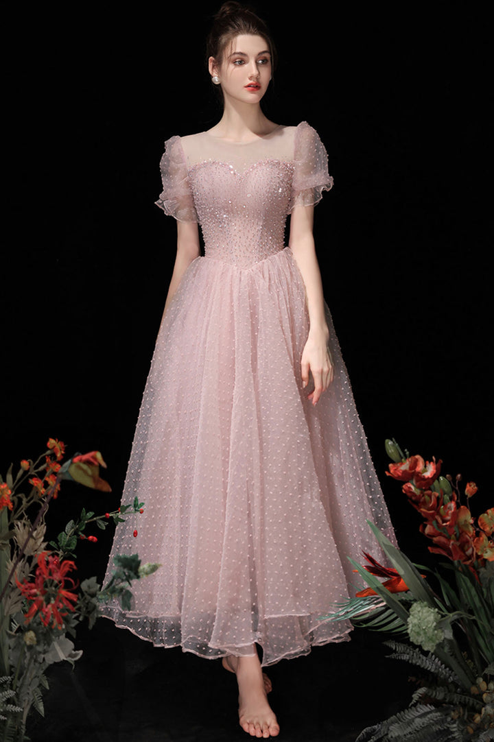 Luolandi Pink Tulle Beading Tea Length Prom Dresses A-Line Homecoming Dresses Beautiful