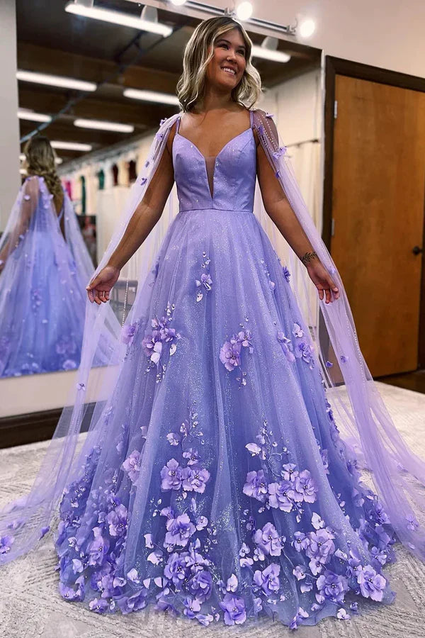Luolandi A-Line Lavender 3D Floral Lace Long Prom Dresses with Train Beautiful Flowers