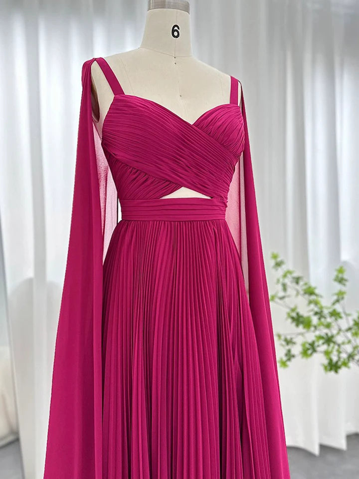 Luolandi Fuchsia Chiffon Long Evening Dresses with Cape Sleeves Elegant Spaghetti Strap V-Neck Party Formal Dresses Sexy