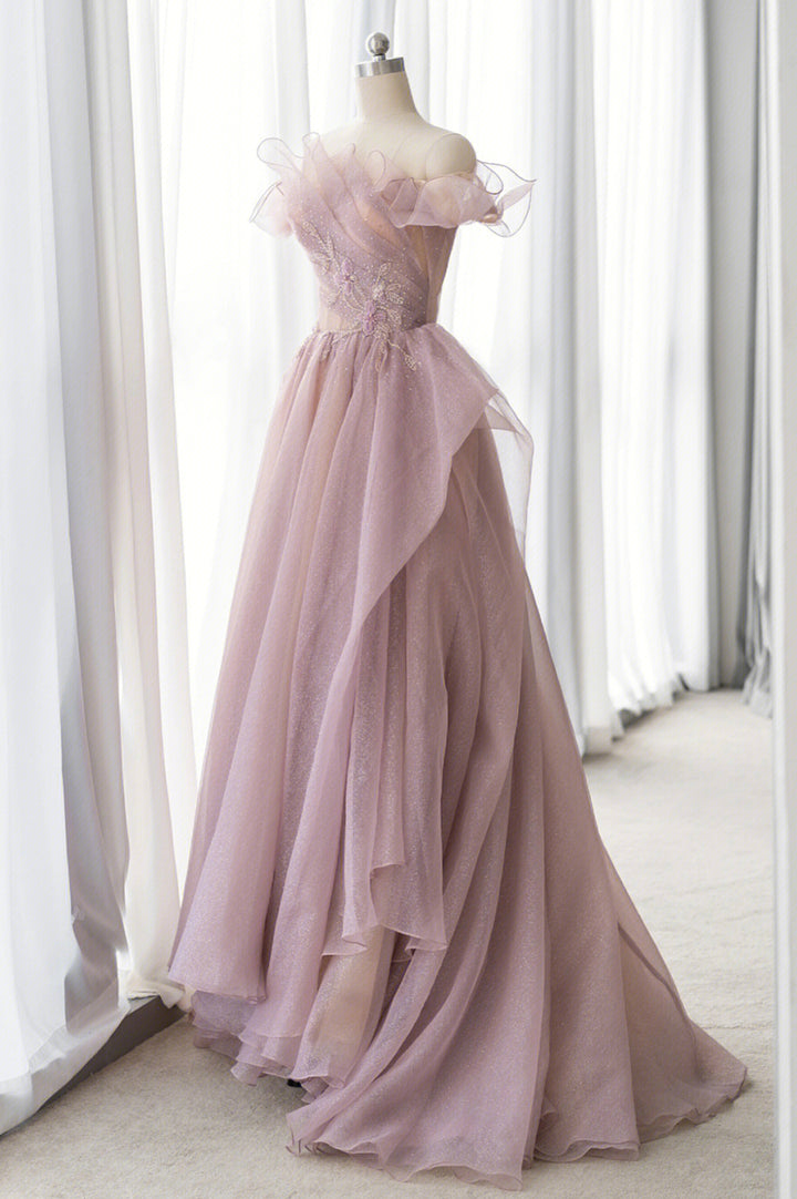 Luolandi Pink Tulle Long A-line Prom Dress Lovely Off the Shoulder Evening Dress Beautiful