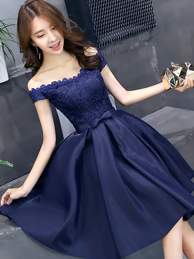 Luolandi A-Line Elegant Floral Cocktail Party Prom Dress Off Shoulder Sleeveless Short Mini Lace