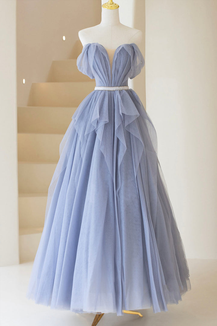 Luolandi Blue Off Shoulder Tulle Long Formal Dress A-Line Blue Evening Dress Beautiful