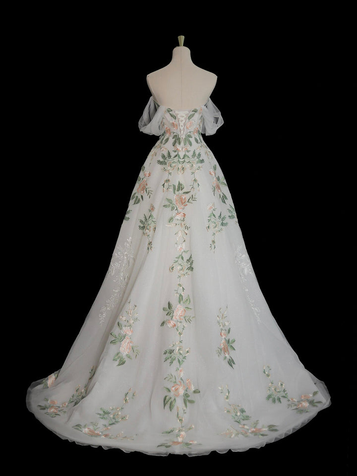 Luolandi A-Line Tulle Floral Lace Long Prom Dress Off the Shoulder Evening Party Dress With Flowers