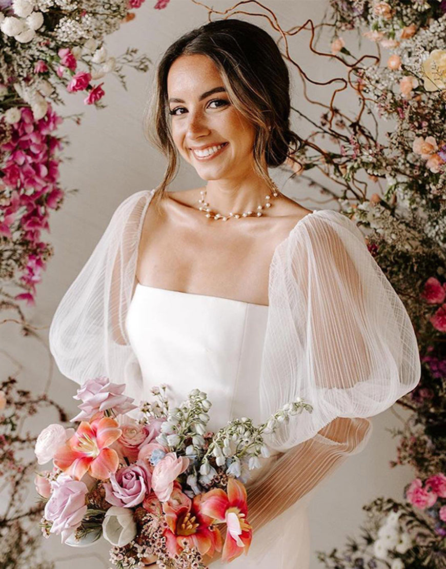 Luolandi Sheath Wedding Dress with Puff Sleeves Off Shoulder Floor Length Sexy