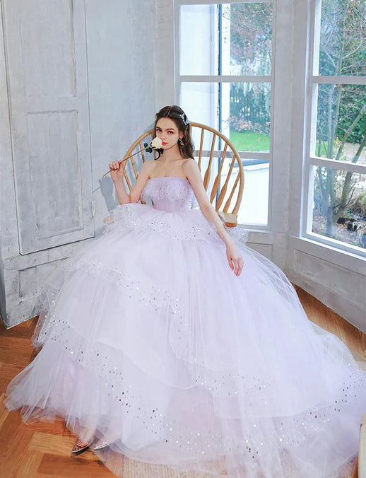 Luolandi Light Purple Tulle Floor Length Party Dress A-line Layers Sweet 16 Dress Off Shoulder Prom Dress